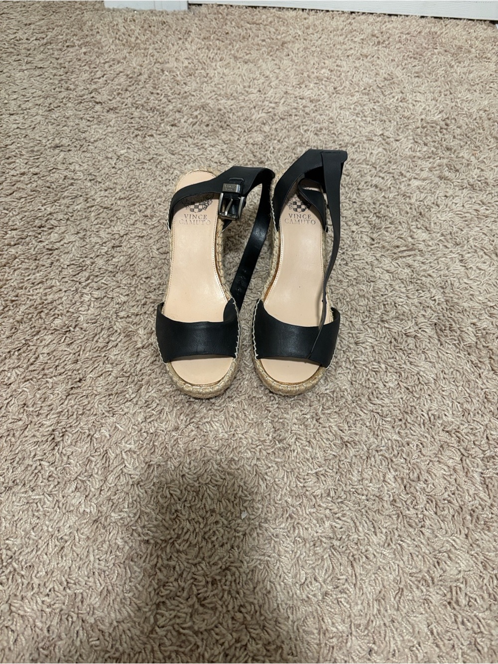 Vince Camuto Black Leather Espadrille Wedge Sandals